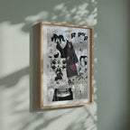 Video of the Itachi Uchiha manga poster inspired by Naruto in a light wood frame on a sage green wall