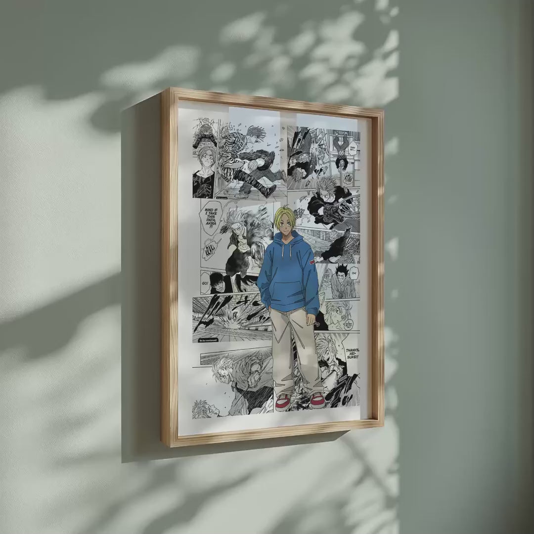 Video of the Shin Asakura manga poster inspired by Sakamoto Days in a light wood frame on a sage green wall
