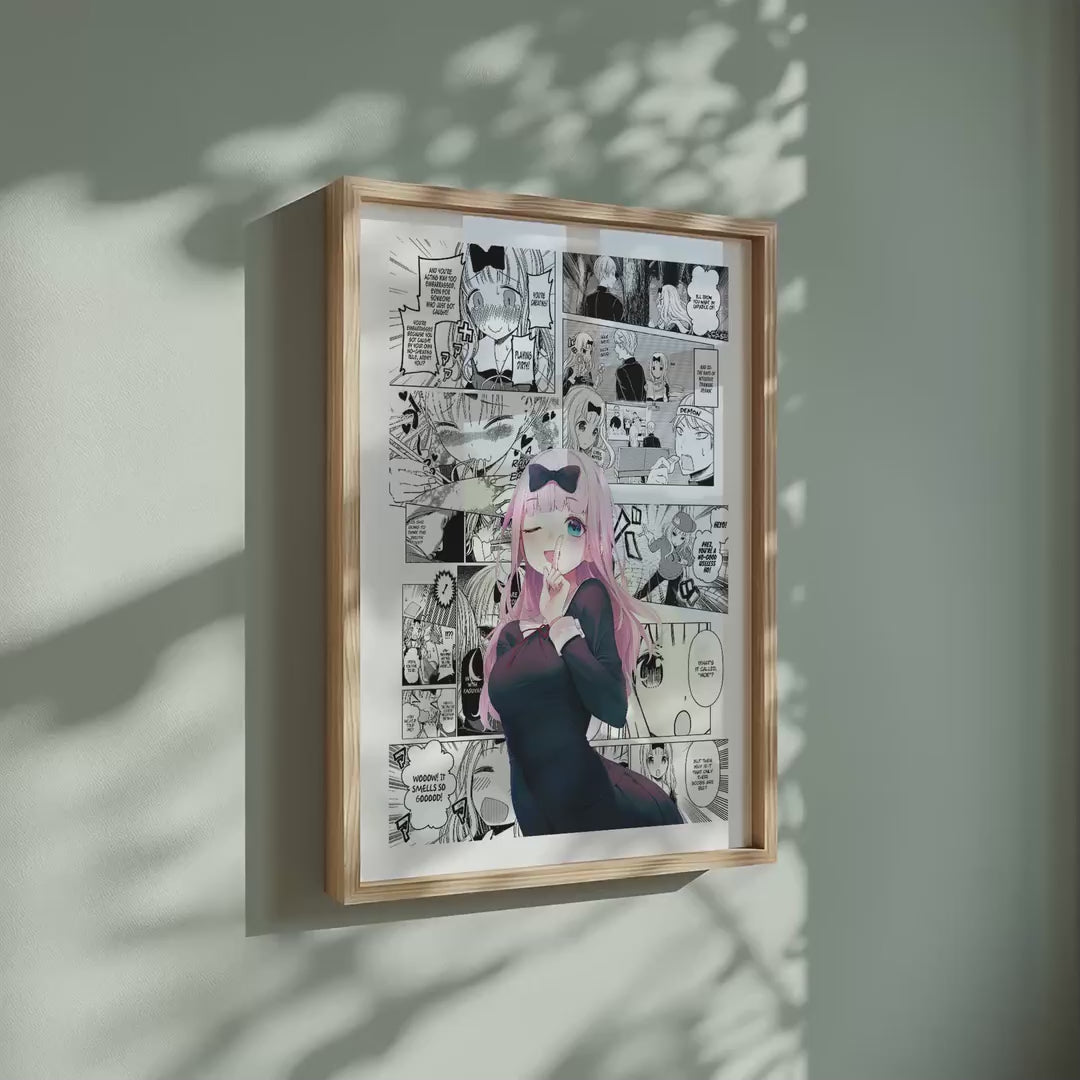 Video of the Chika Fujiwara manga poster inspired by Kaguya-sama: Love Is War in a light wood frame on a sage green wall