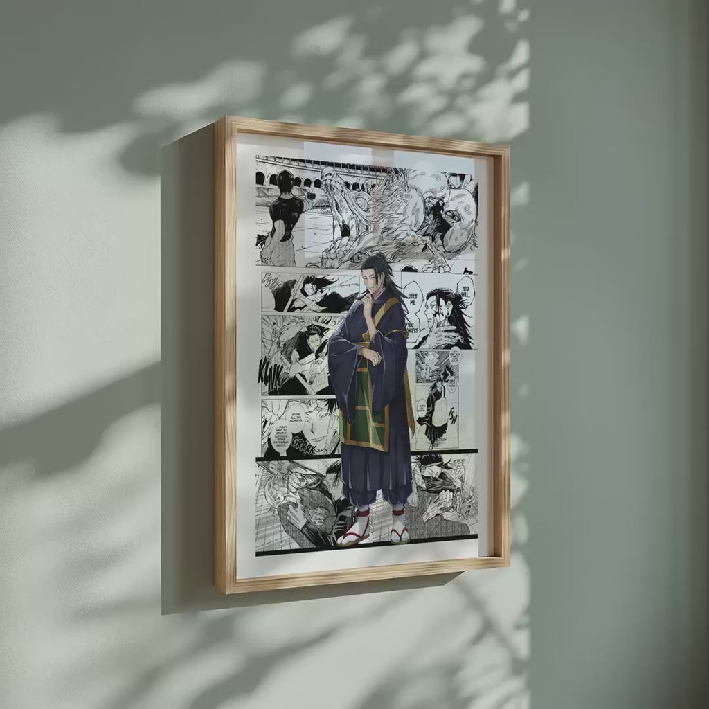 Video of the Suguru Geto manga poster inspired by Jujutsu Kaisen in a light wood frame on a sage green wall