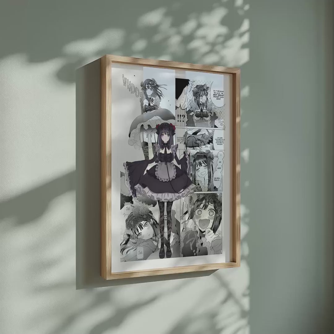 Video of the Shizuku Kuroe manga poster inspired by My Dress-Up Darling in a light wood frame on a sage green wall