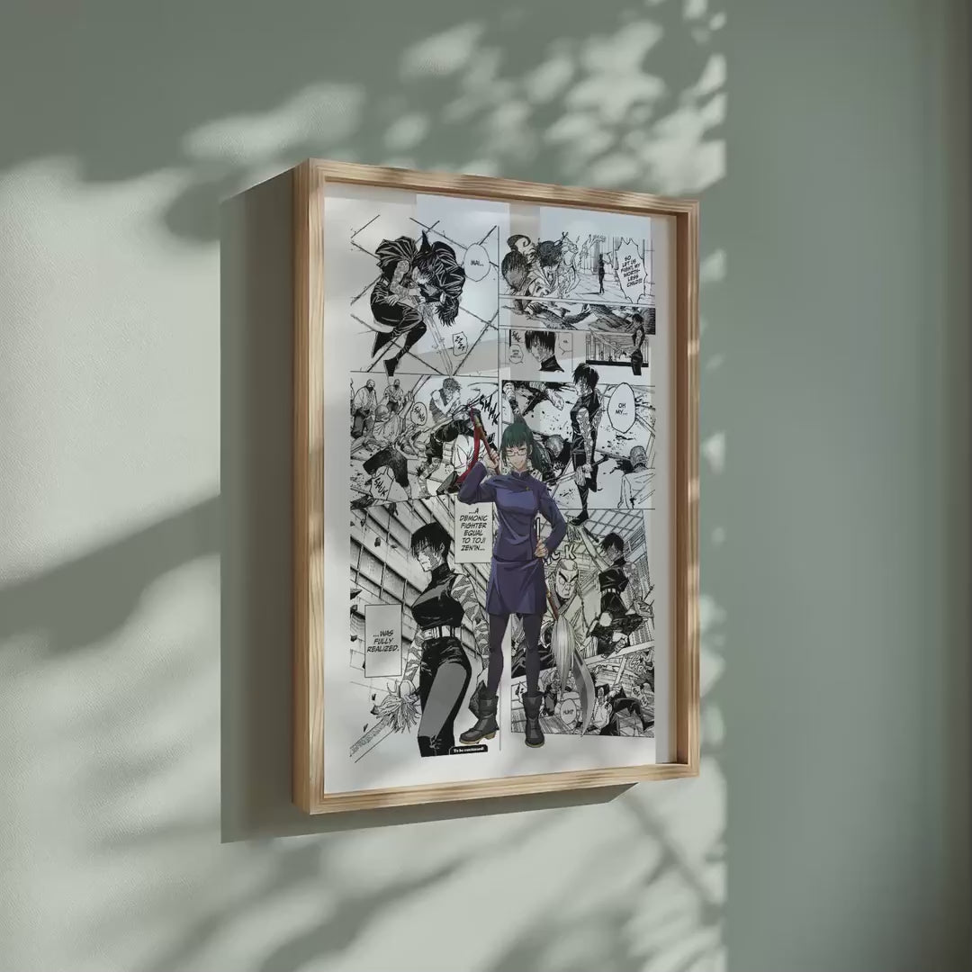 Video of the Maki Zenin manga poster inspired by Jujutsu Kaisen in a light wood frame on a sage green wall