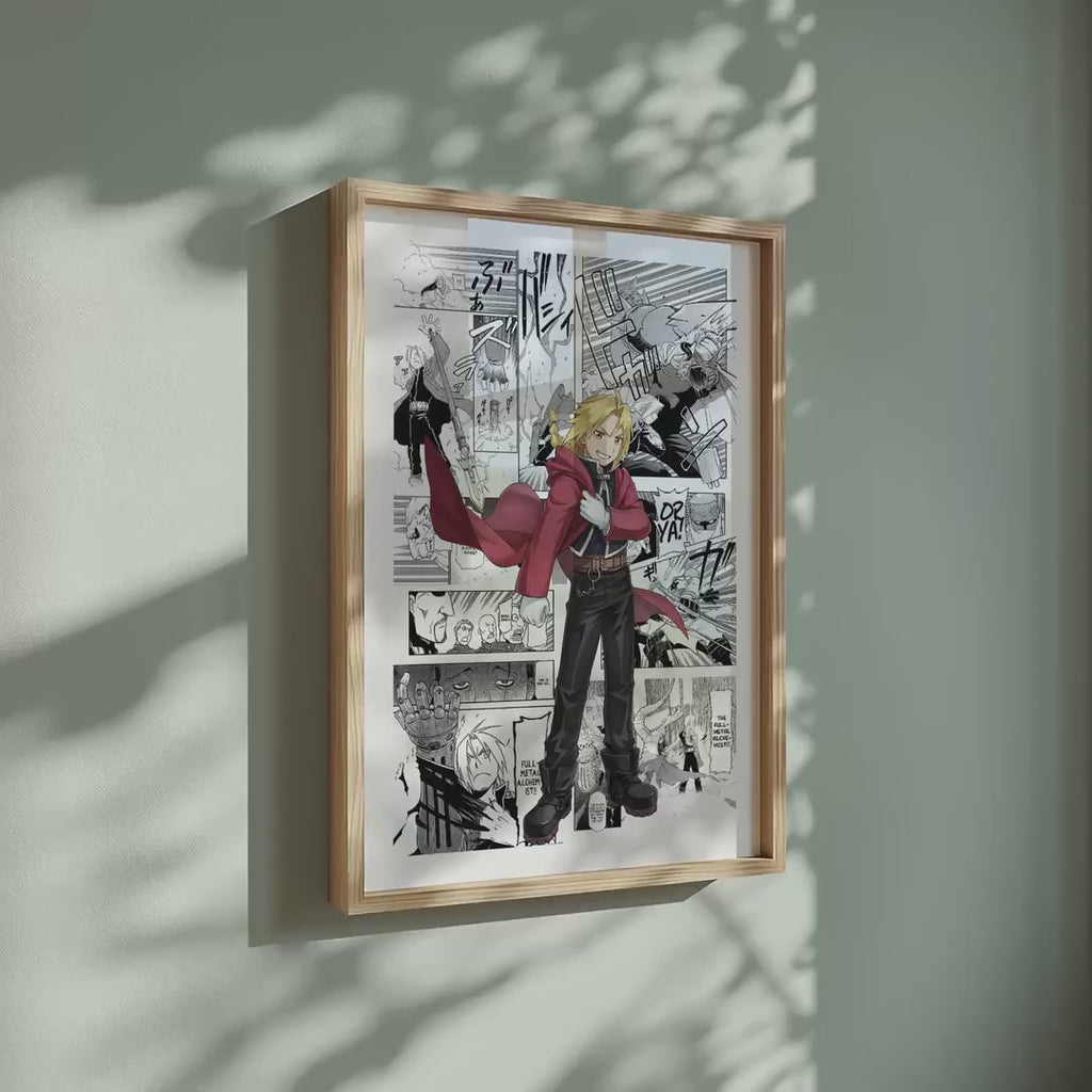 Video of the Edward Elric manga poster inspired by Fullmetal Alchemist in a light wood frame on a sage green wall