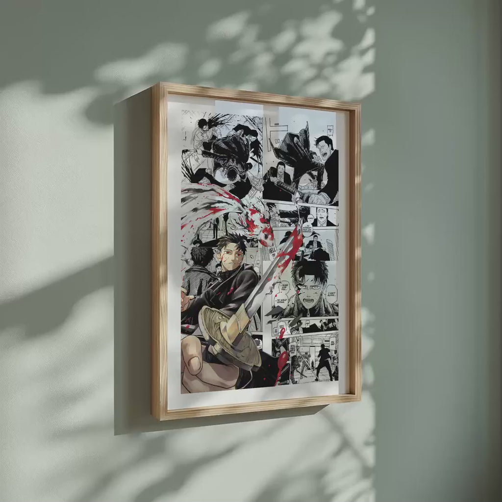 Video of the Chihiro Rokuhira manga poster inspired by Kagurabachi in a light wood frame on a sage green wall
