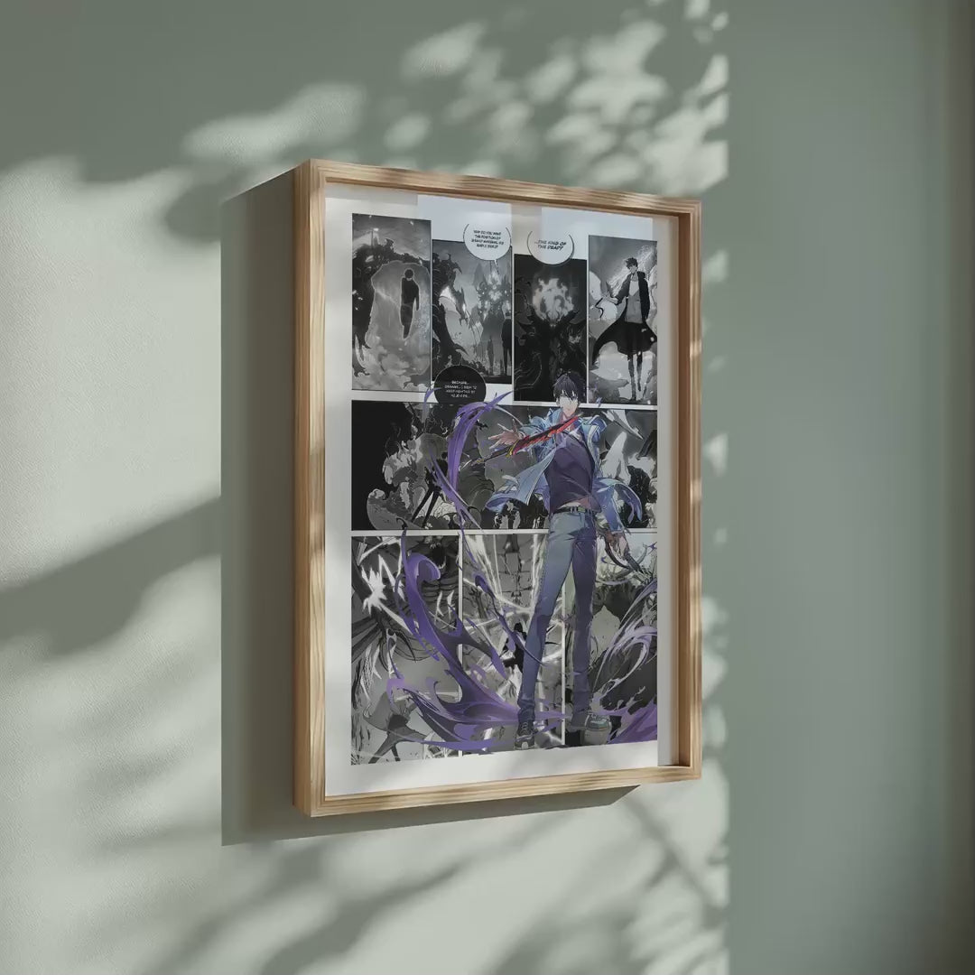 Video of the Sung Jinwoo Dual Daggers manga poster inspired by Solo Leveling in a light wood frame on a sage green wall