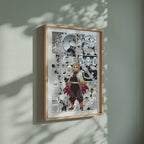 Video of the Kyojuro Rengoku manga poster inspired by Demon Slayer in a light wood frame on a sage green wall