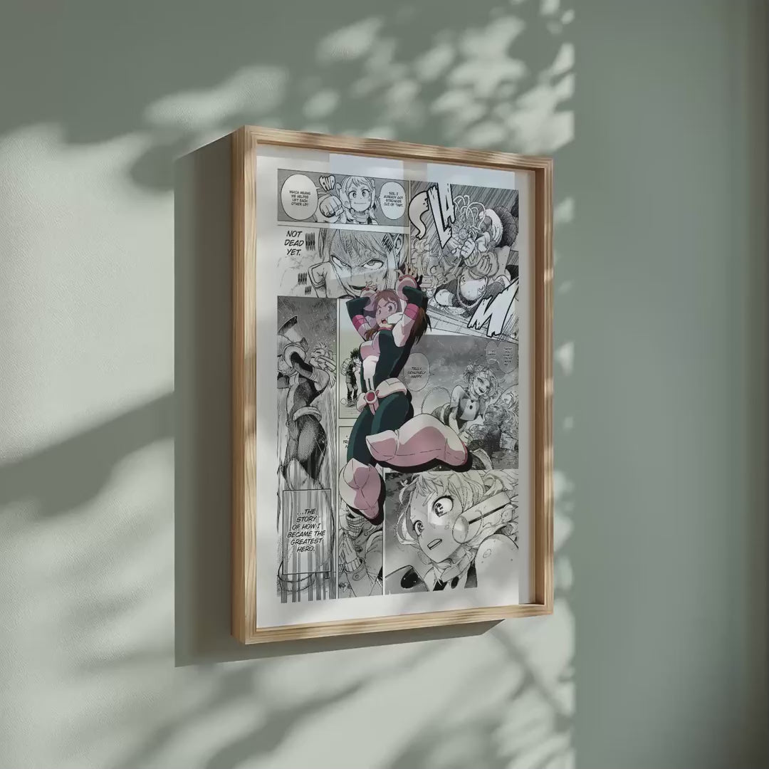 Video of the Ochaco Uraraka manga poster inspired by My Hero Academia in a light wood frame on a sage green wall