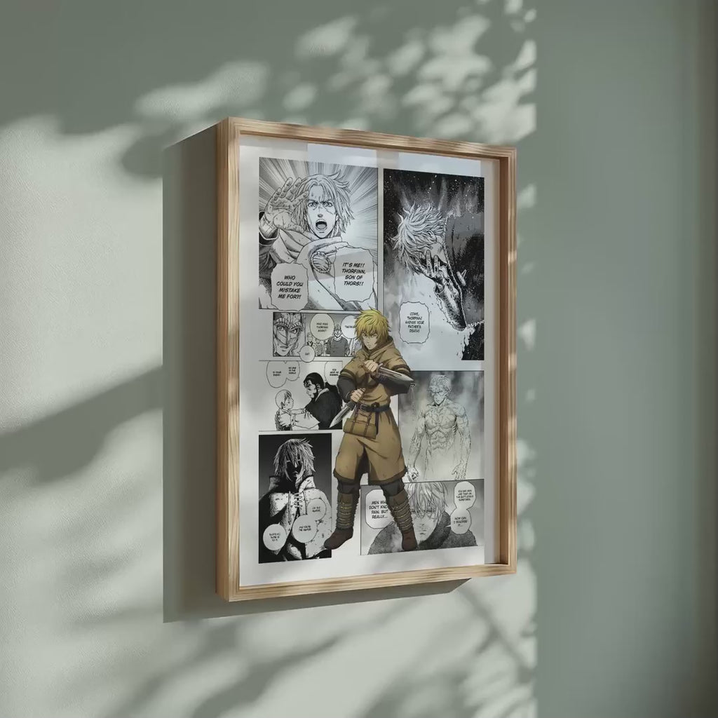 Video of the Thorfinn manga poster inspired by Vinland Saga in a light wood frame on a sage green wall