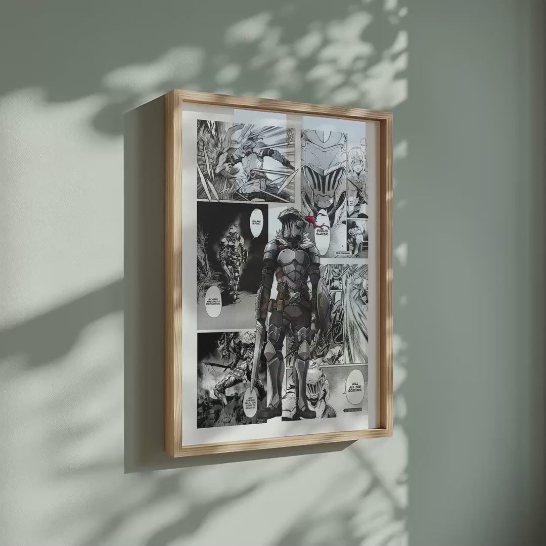 Video of the Goblin Slayer manga poster inspired by Goblin Slayer in a light wood frame on a sage green wall