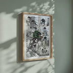 Video of the Levi Ackerman manga poster inspired by Attack on Titan in a light wood frame on a sage green wall