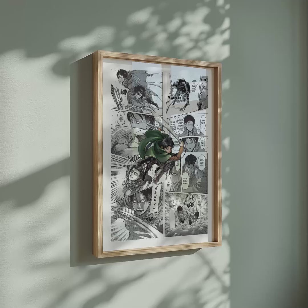 Video of the Levi Ackerman manga poster inspired by Attack on Titan in a light wood frame on a sage green wall