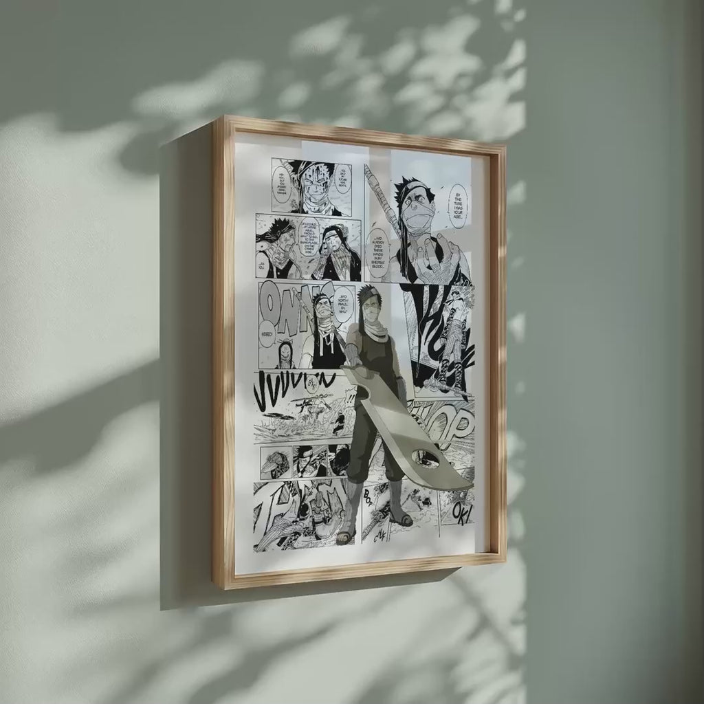 Video of the Zabuza Momochi manga poster inspired by Naruto in a light wood frame on a sage green wall