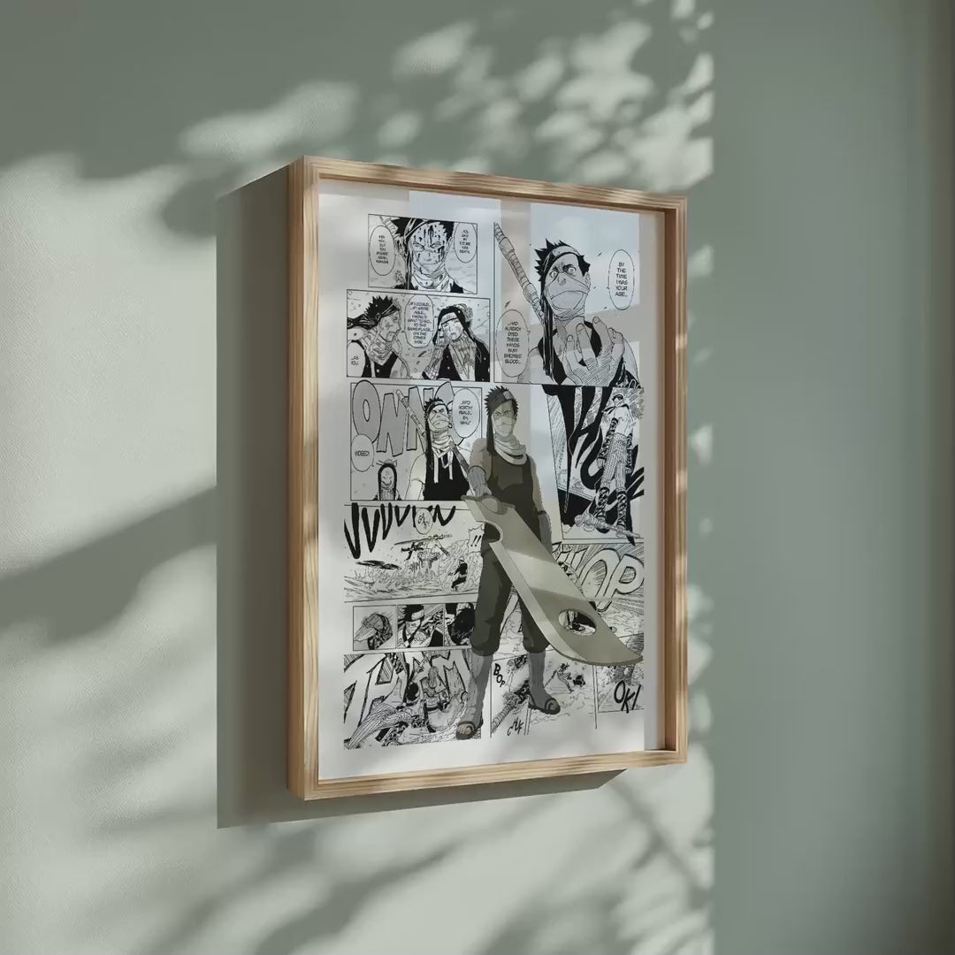 Video of the Zabuza Momochi manga poster inspired by Naruto in a light wood frame on a sage green wall