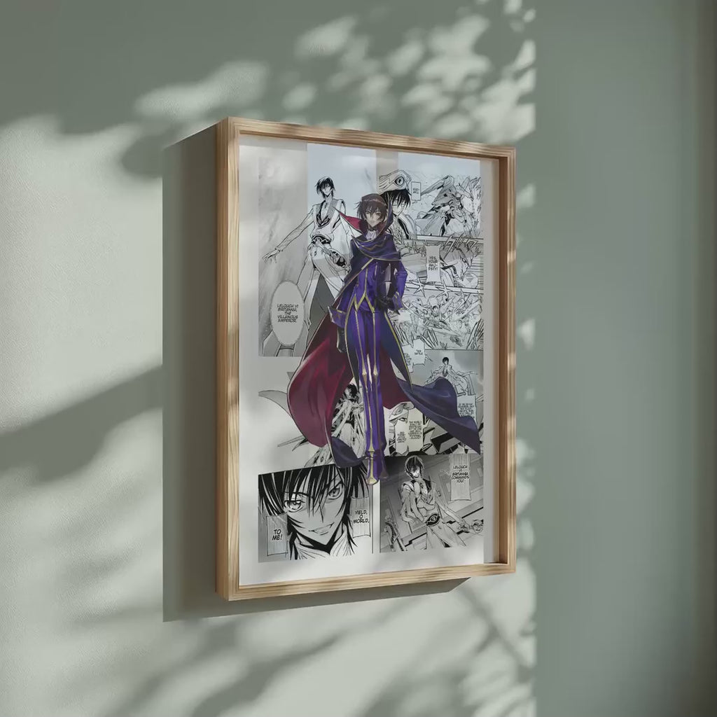 Video of the Lelouch Lamperouge manga poster inspired by Code Geass in a light wood frame on a sage green wall
