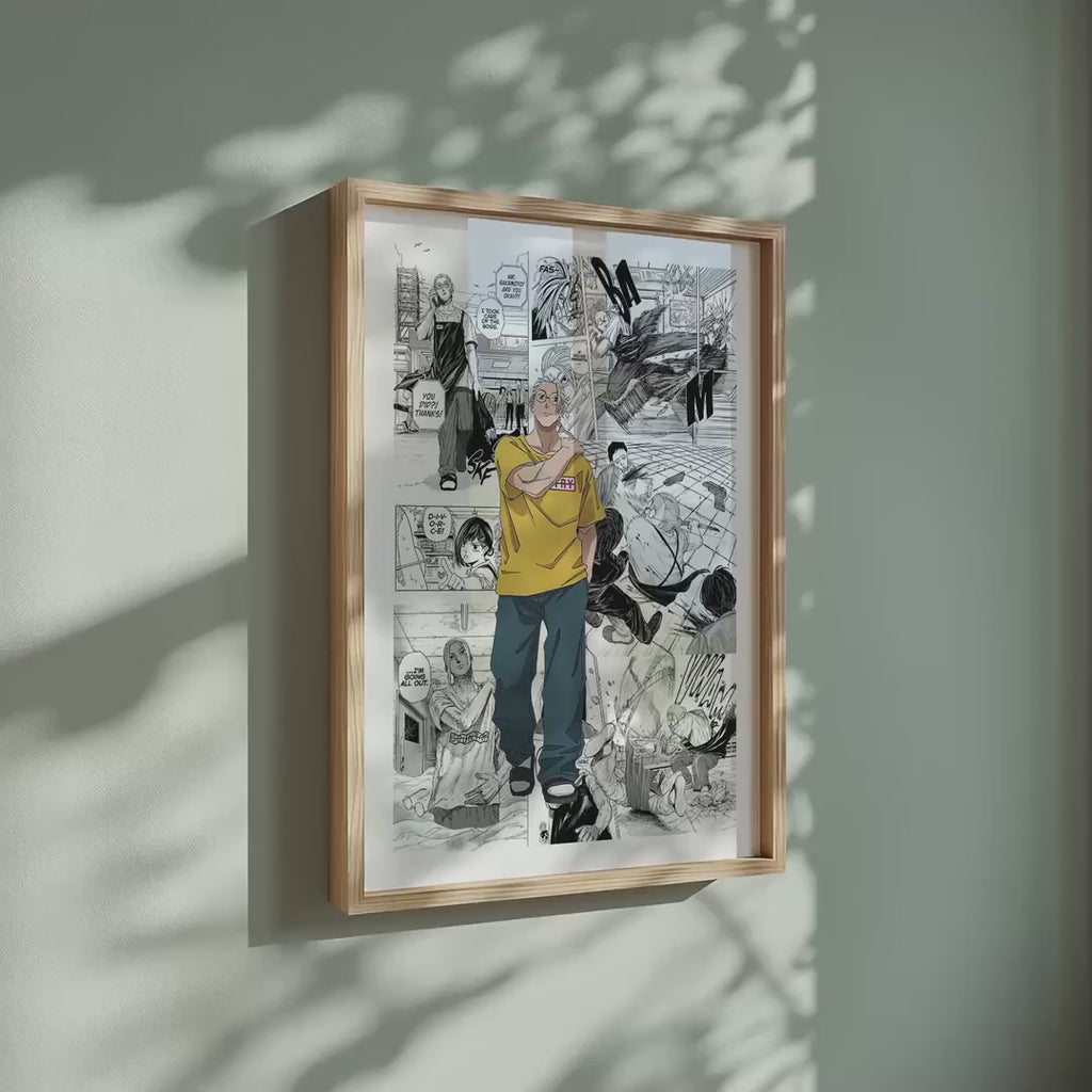 Video of the Taro Sakamoto manga poster inspired by Sakamoto Days in a light wood frame on a sage green wall