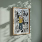 Video of the Taro Sakamoto manga poster inspired by Sakamoto Days in a light wood frame on a sage green wall