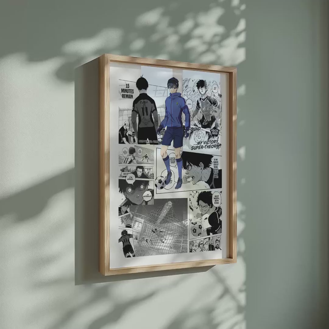 Video of the Yoichi Isagi manga poster inspired by Blue Lock in a light wood frame on a sage green wall