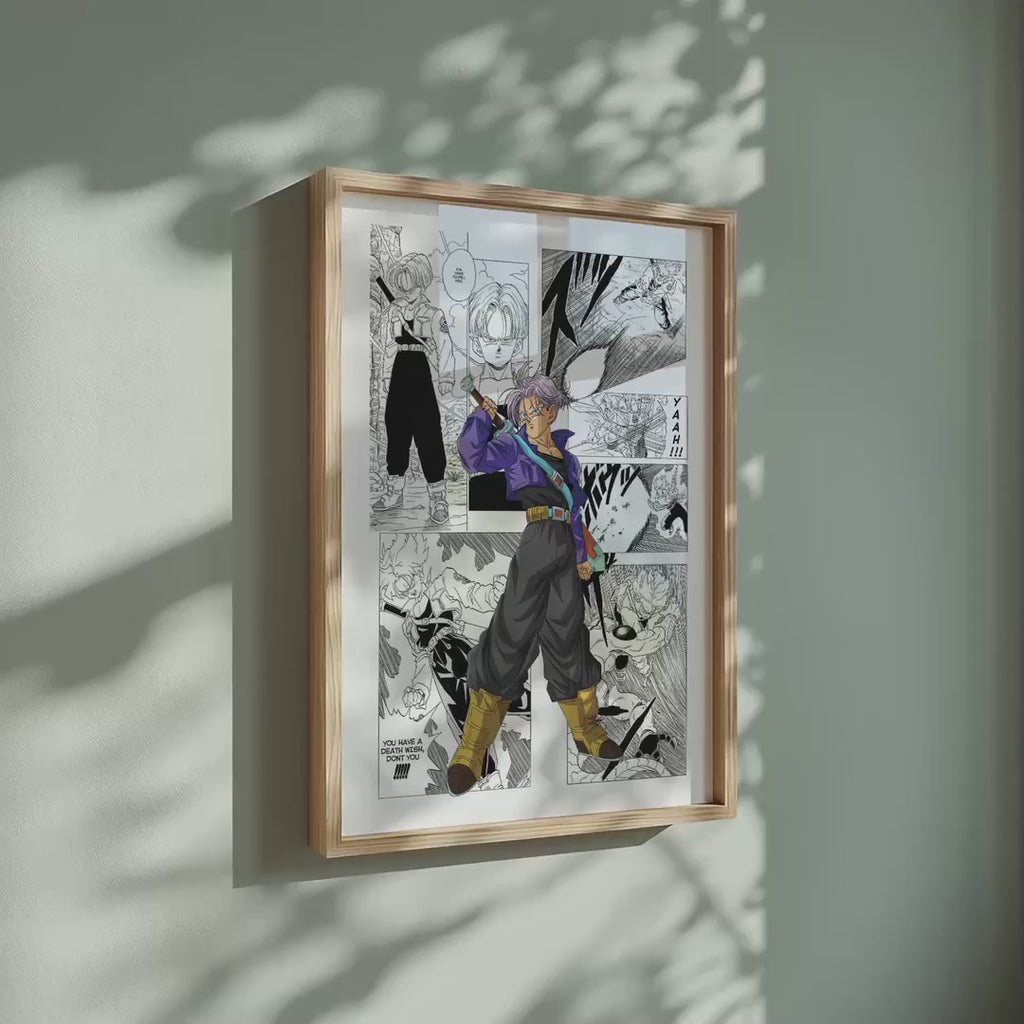 Video of the Trunks manga poster inspired by Dragon Ball in a light wood frame on a sage green wall