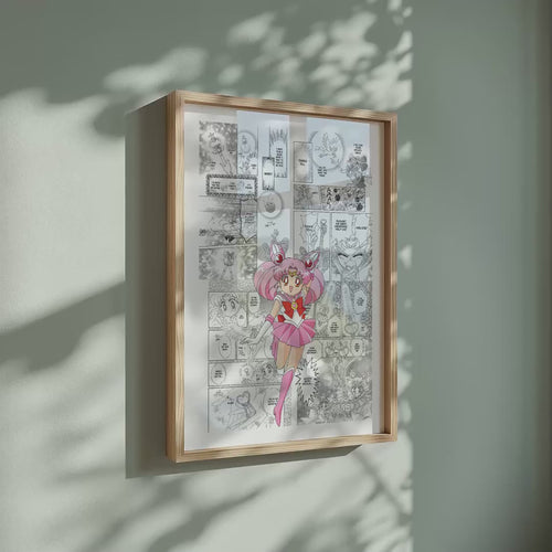 Video of the Chibiusa Sailor Chibi Moon manga poster inspired by Sailor Moon in a light wood frame on a sage green wall