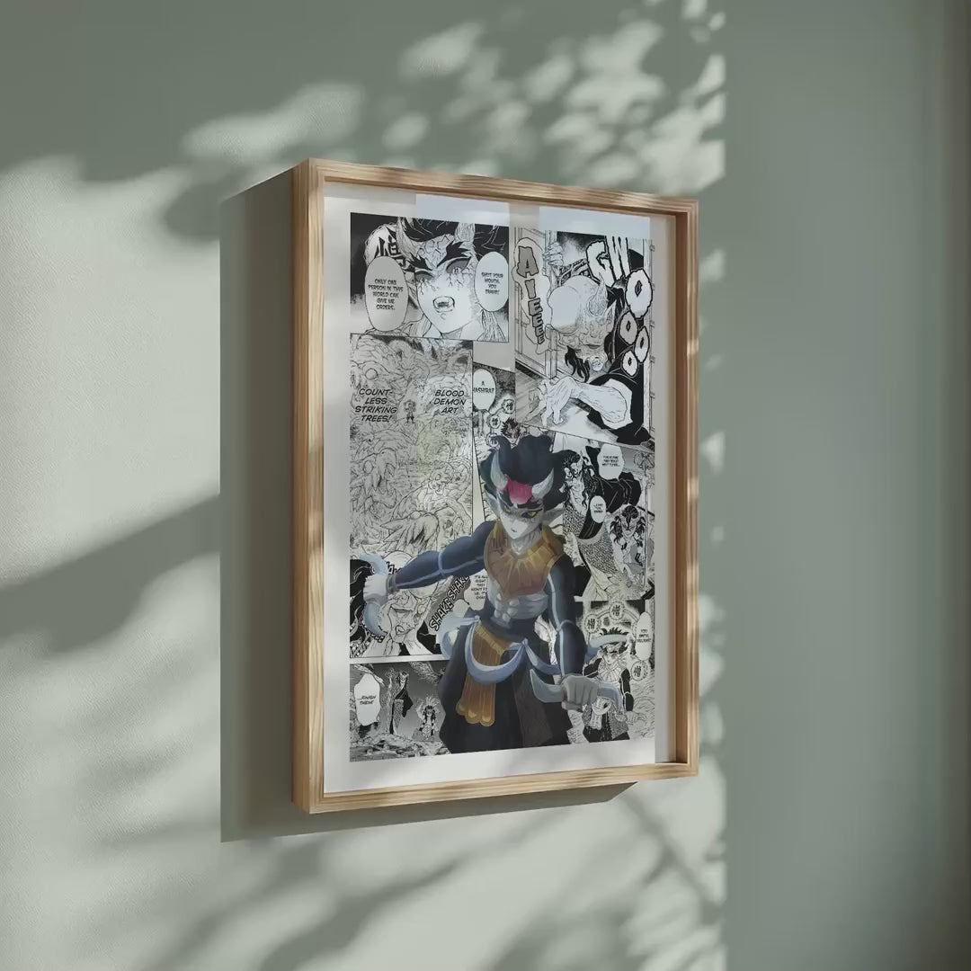 Video of the Zohakuten manga poster inspired by Demon Slayer in a light wood frame on a sage green wall