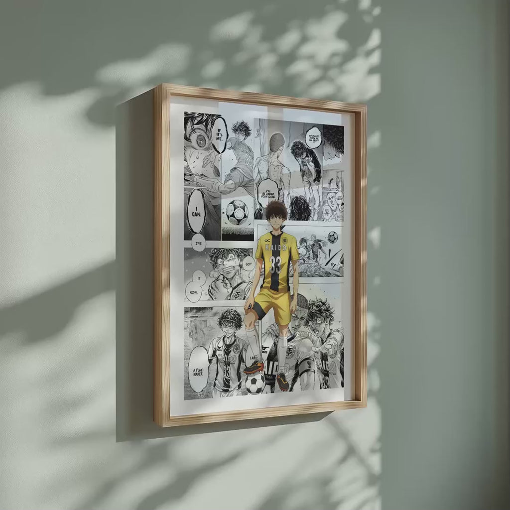Video of the Ashito Aoi manga poster inspired by Aoashi in a light wood frame on a sage green wall