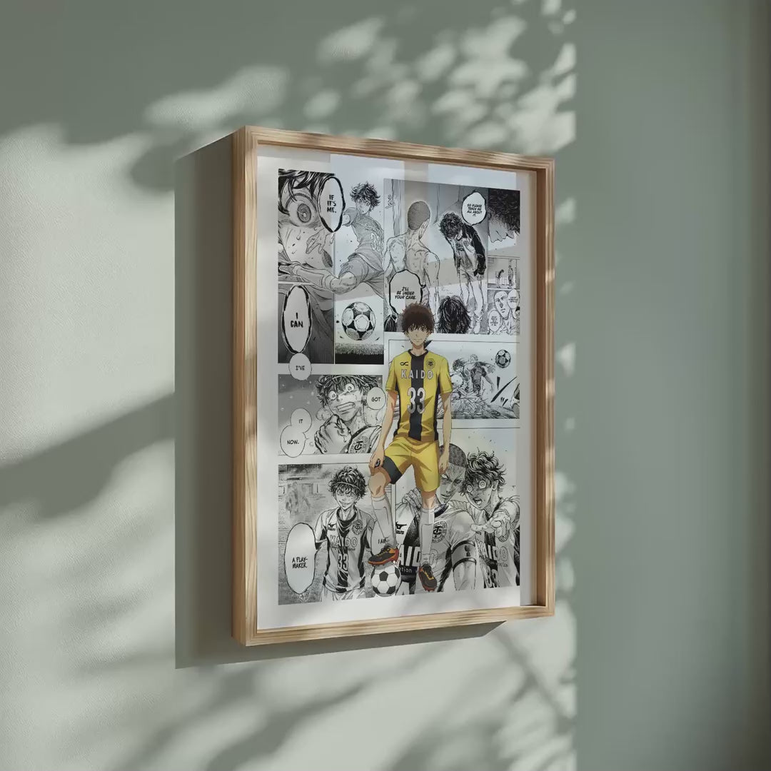 Video of the Ashito Aoi manga poster inspired by Aoashi in a light wood frame on a sage green wall