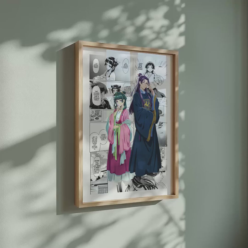 Video of the Maomao and Jinshi manga poster inspired by The Apothecary Diaries in a light wood frame on a sage green wall
