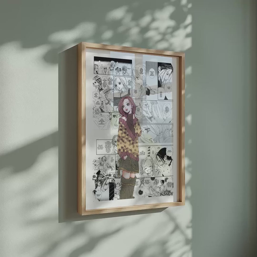 Video of the Nana Komatsu Hachi manga poster inspired by Nana in a light wood frame on a sage green wall