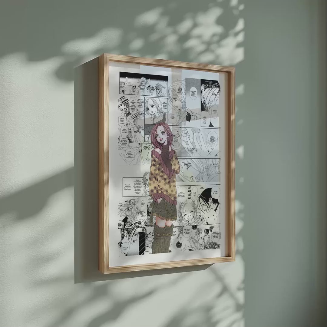 Video of the Nana Komatsu Hachi manga poster inspired by Nana in a light wood frame on a sage green wall