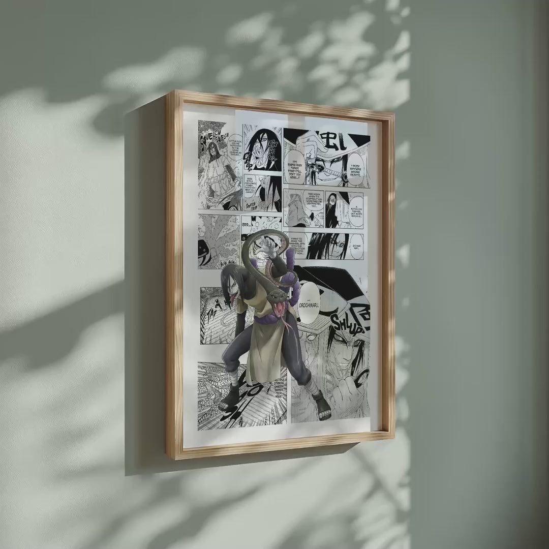 Video of the Orochimaru manga poster inspired by Naruto in a light wood frame on a sage green wall
