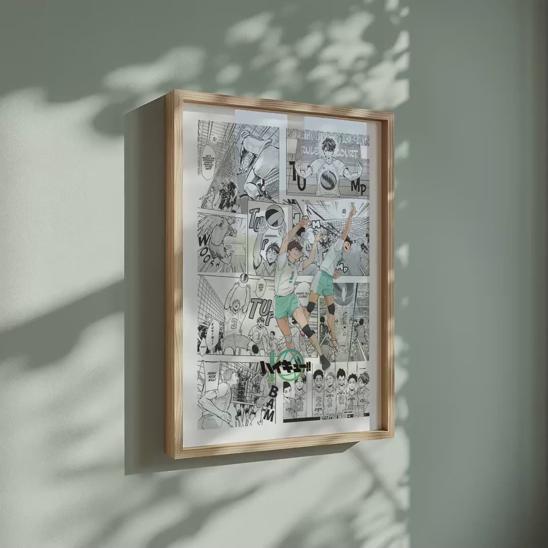 Video of the Aoba Johsai High manga poster inspired by Haikyu!! in a light wood frame on a sage green wall