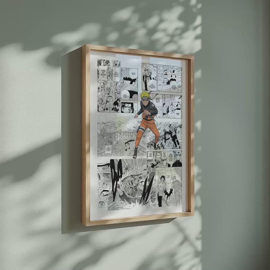 Video of the Naruto Uzumaki manga poster inspired by Naruto in a light wood frame on a sage green wall