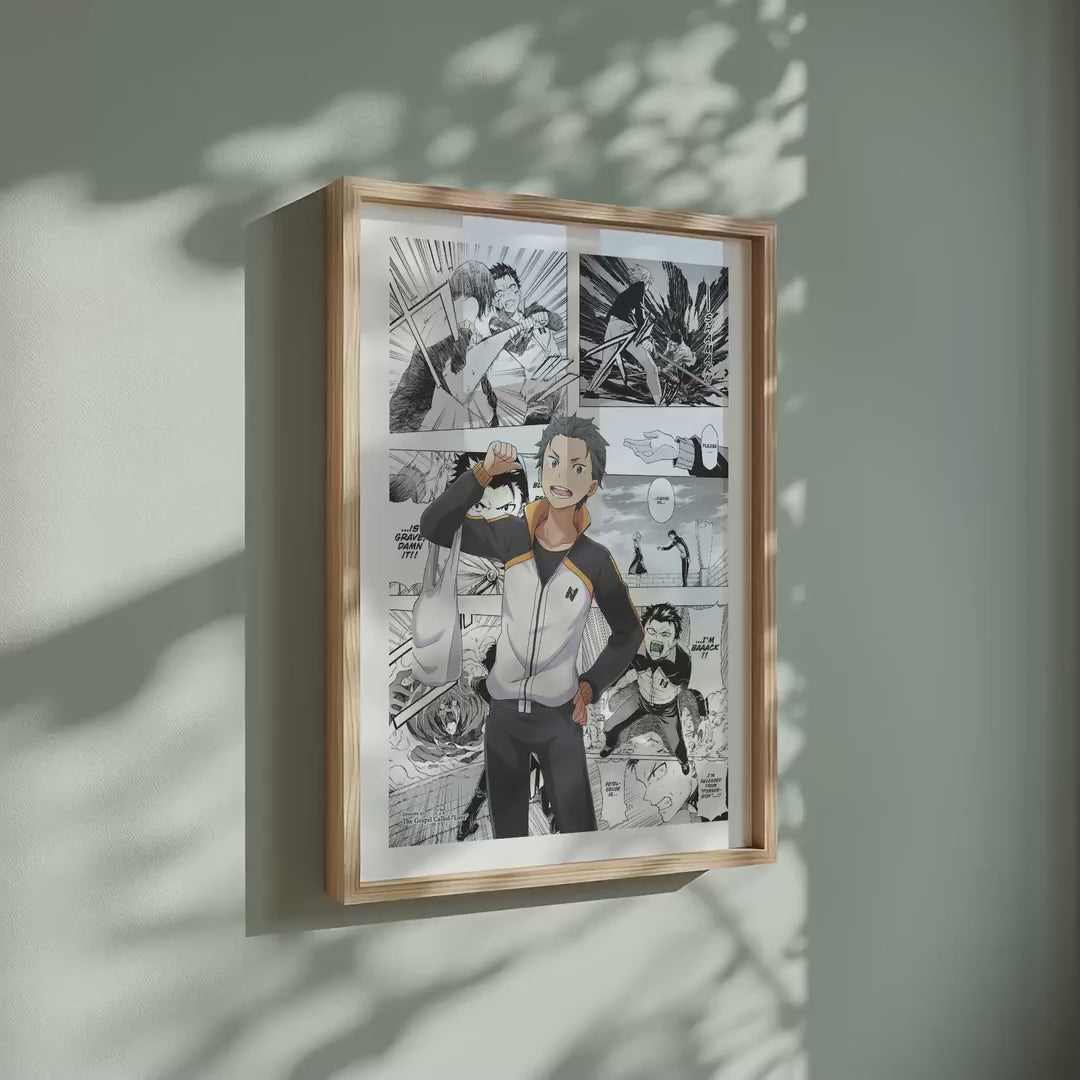 Video of the Subaru Natsuki manga poster inspired by Re:Zero in a light wood frame on a sage green wall