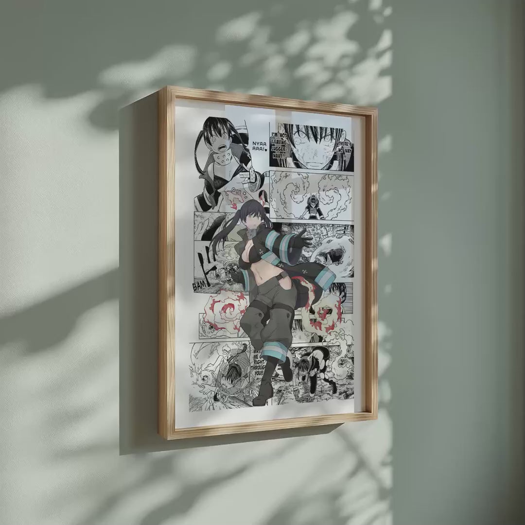 Video of the Tamaki Kotatsu manga poster inspired by Fire Force in a light wood frame on a sage green wall