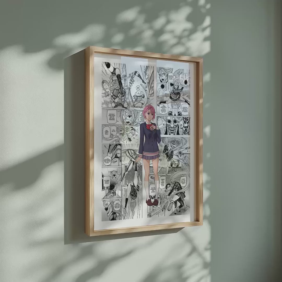Video of the Aira Shiratori manga poster inspired by Dandadan in a light wood frame on a sage green wall