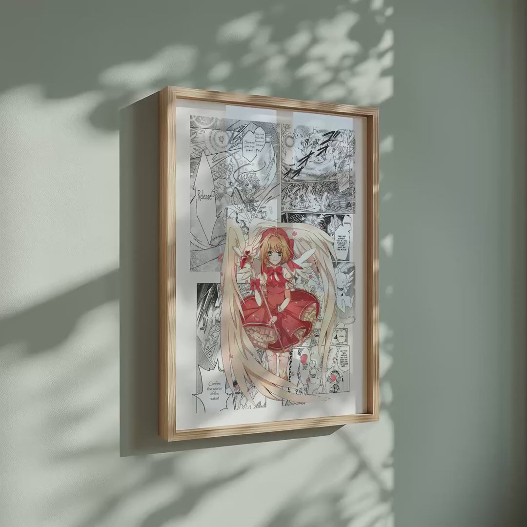 Video of the Sakura Kinomoto manga poster inspired by Cardcaptor Sakura in a light wood frame on a sage green wall