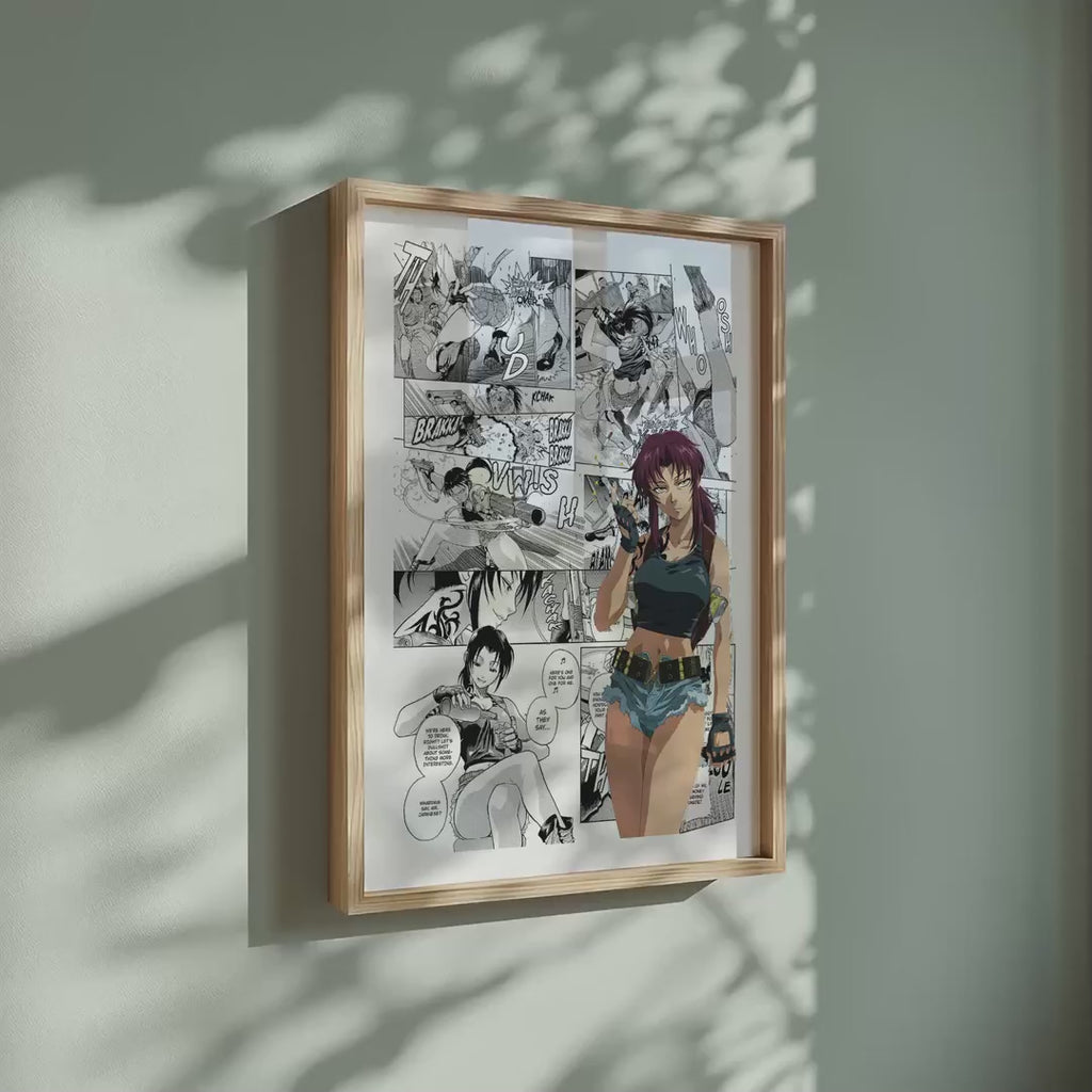 Video of the Revy manga poster inspired by Black Lagoon in a light wood frame on a sage green wall