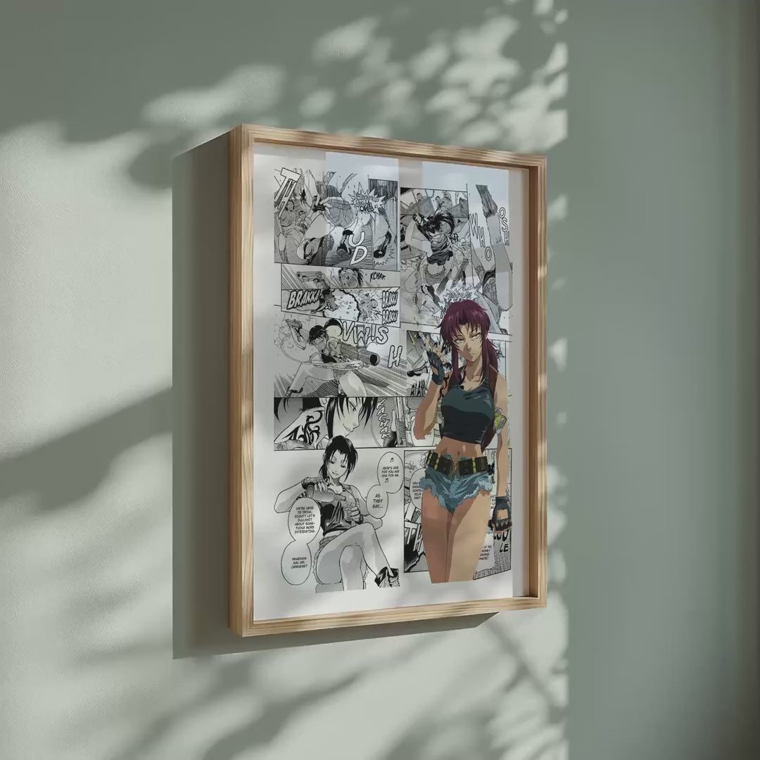 Video of the Revy manga poster inspired by Black Lagoon in a light wood frame on a sage green wall