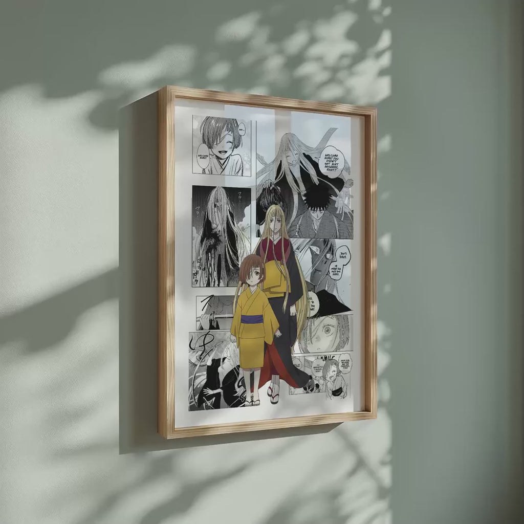 Video of the Suzune manga poster inspired by Sword of the Demon Hunter: Kijin Gentosho in a light wood frame on a sage green wall