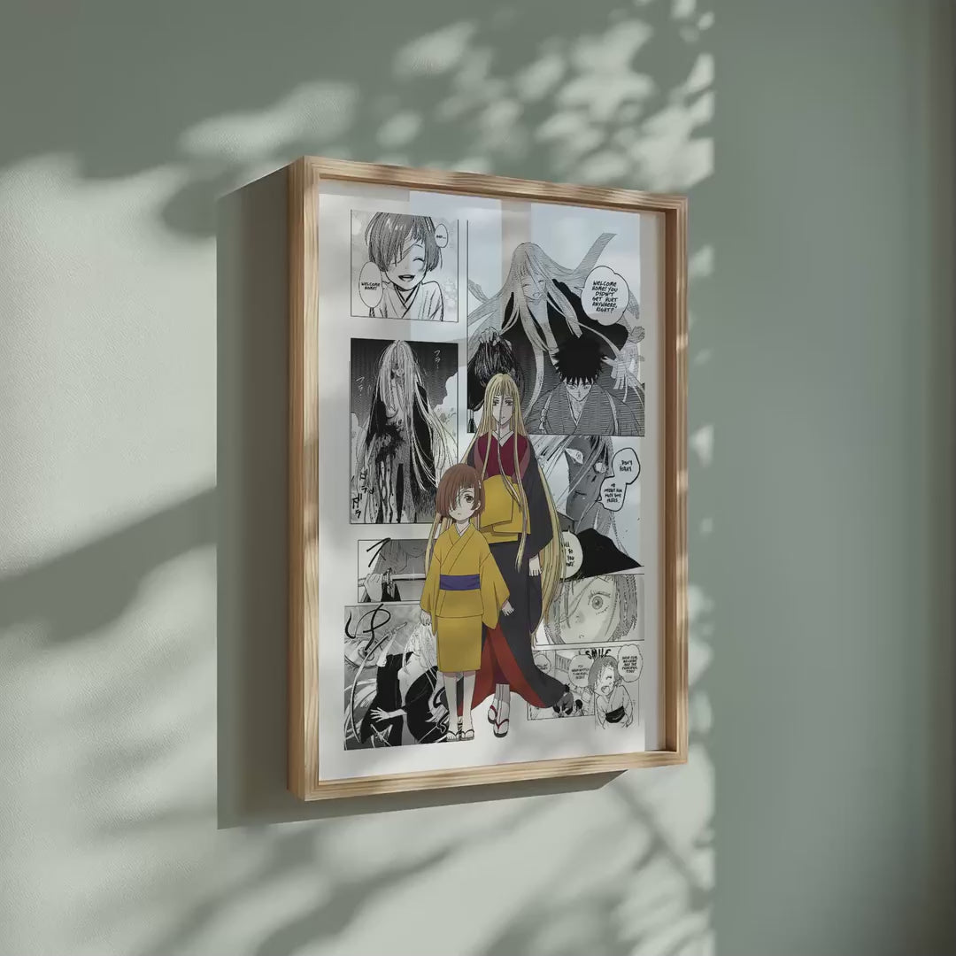 Video of the Suzune manga poster inspired by Sword of the Demon Hunter: Kijin Gentosho in a light wood frame on a sage green wall