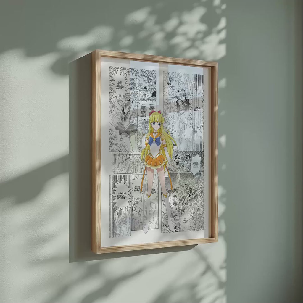 Video of the Minako Aino Sailor Venus manga poster inspired by Sailor Moon in a light wood frame on a sage green wall
