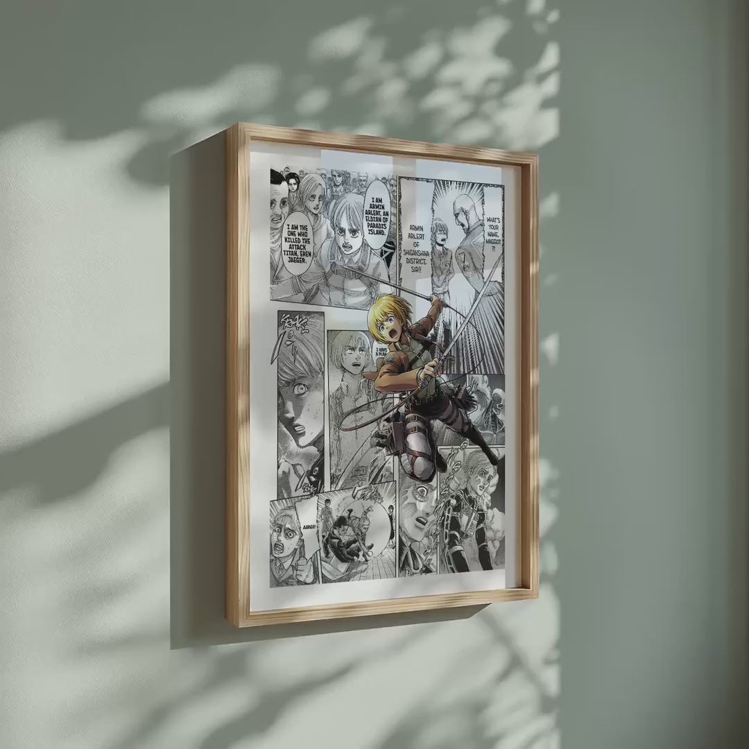 Video of the Armin Arlert manga poster inspired by Attack on Titan in a light wood frame on a sage green wall