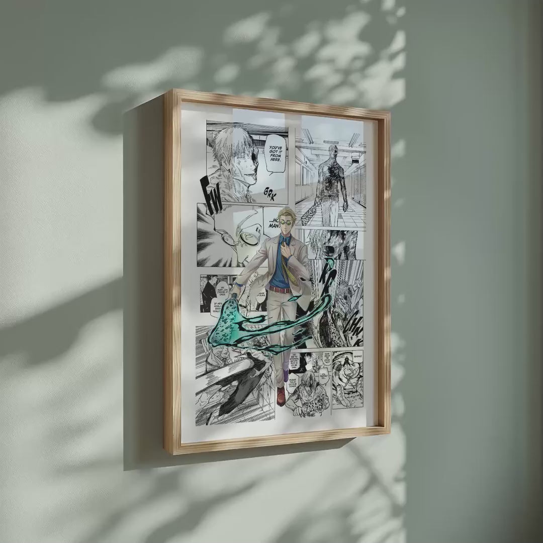 Video of the Kento Nanami manga poster inspired by Jujutsu Kaisen in a light wood frame on a sage green wall