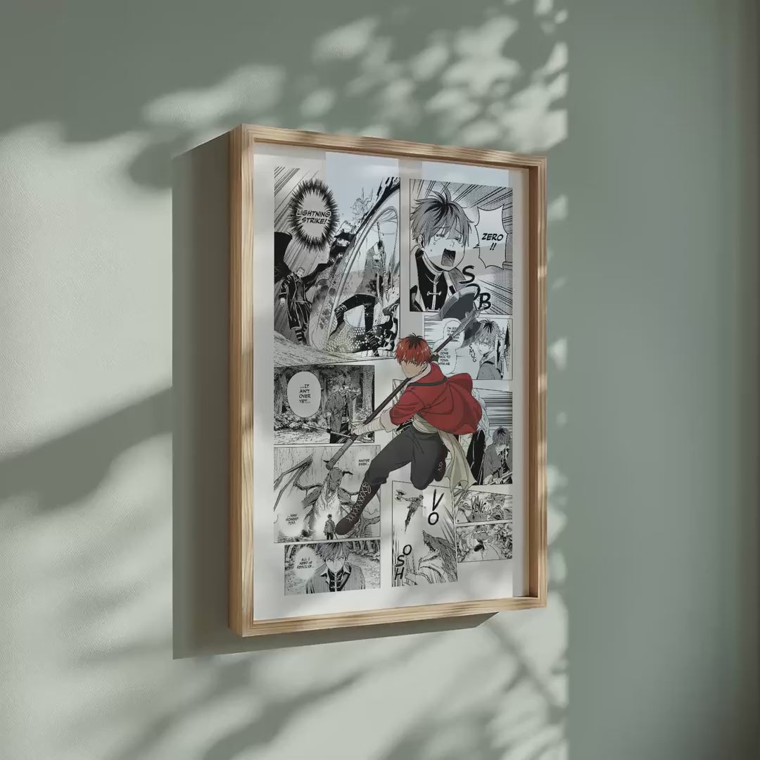 Video of the Stark manga poster inspired by Frieren in a light wood frame on a sage green wall
