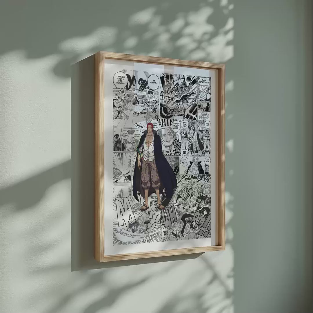 Video of the Red-Haired Shanks manga poster inspired by One Piece in a light wood frame on a sage green wall