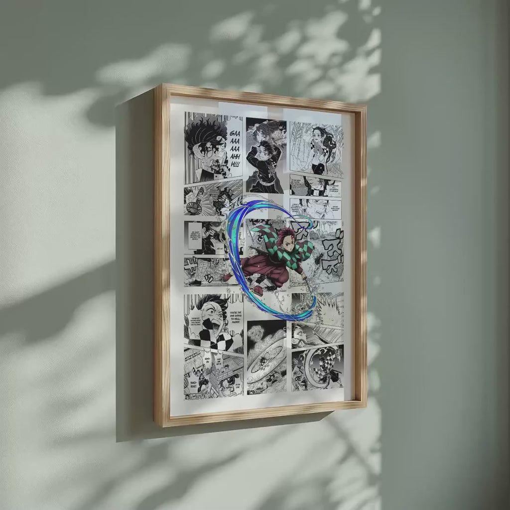 Video of the Tanjiro Kamado manga poster inspired by Demon Slayer in a light wood frame on a sage green wall