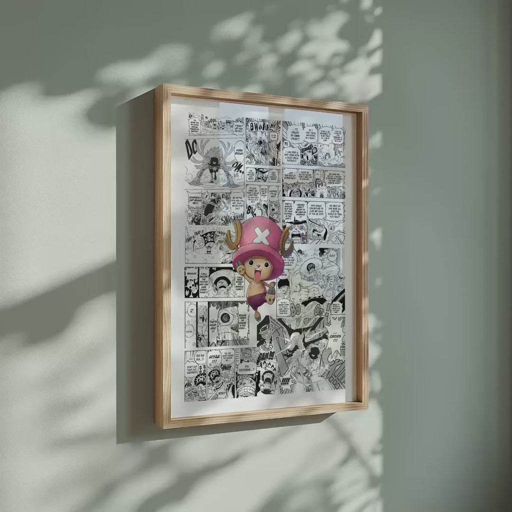 Video of the Tony Tony Chopper manga poster inspired by One Piece in a light wood frame on a sage green wall