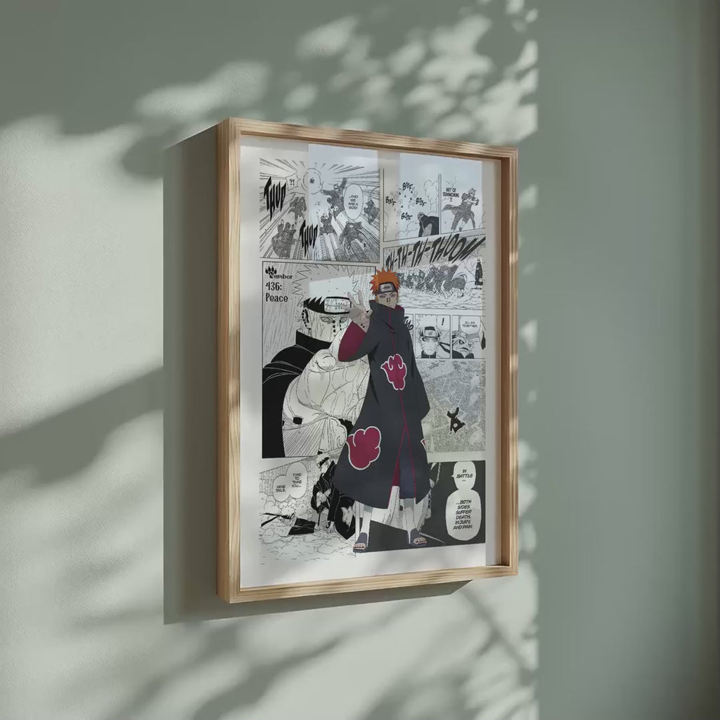Video of the Yahiko Pain manga poster inspired by Naruto in a light wood frame on a sage green wall
