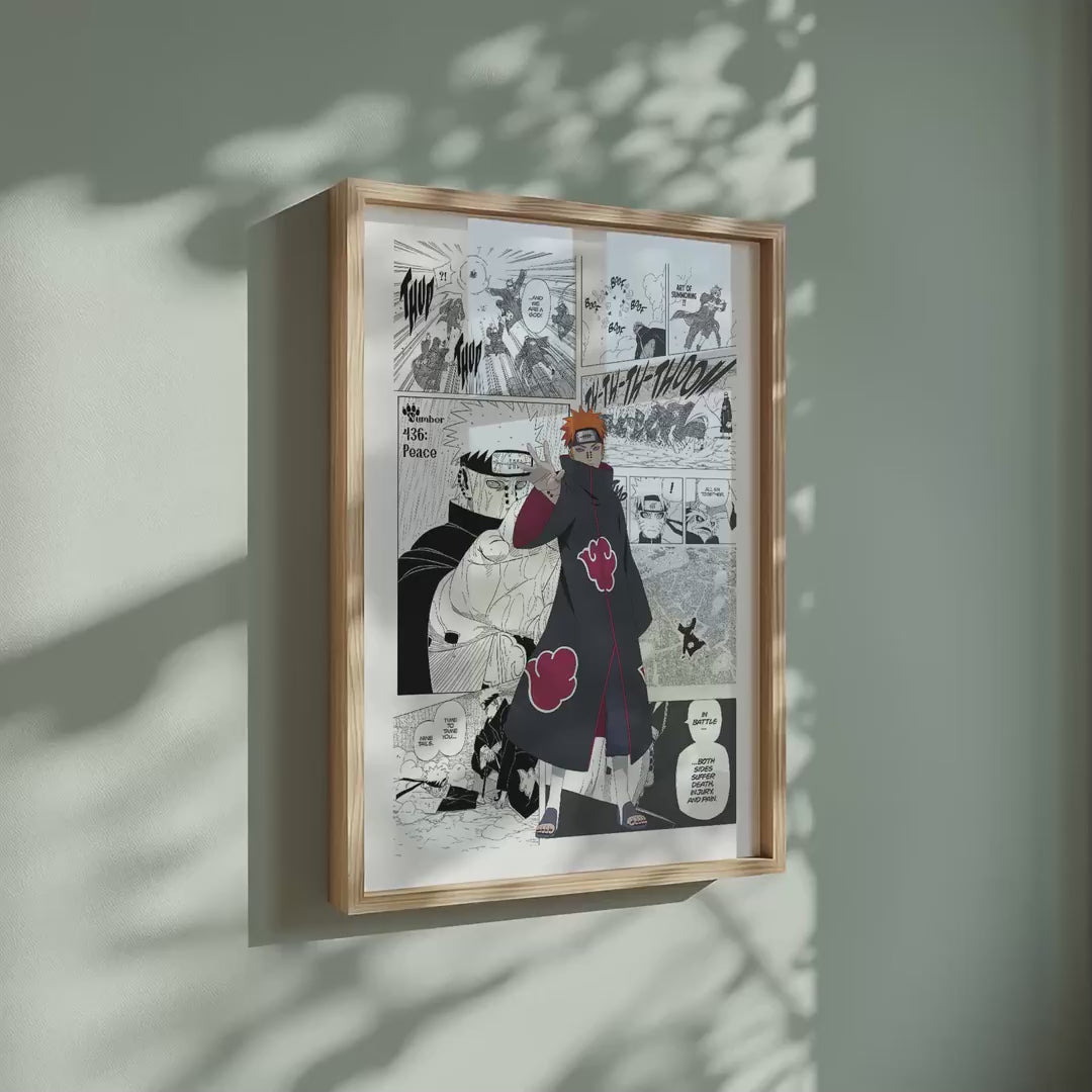 Video of the Yahiko Pain manga poster inspired by Naruto in a light wood frame on a sage green wall