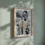 Video of the Yoichi Nagumo manga poster inspired by Sakamoto Days in a light wood frame on a sage green wall